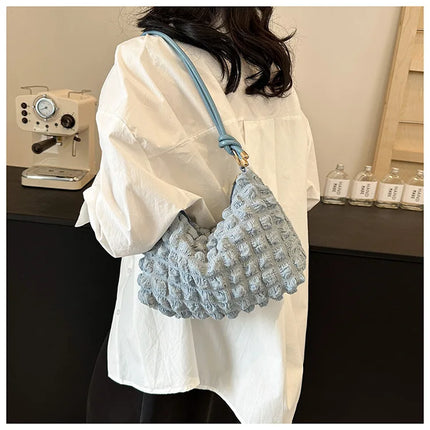 Canvas Wrinkle Bag for Women | Shoulder Bags & Pleated Bubbles Handbags (Padded Casual Underarm Quilted Tote Cloud Bag Purse)