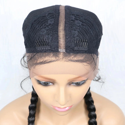Handmade Double Dutch Cornrow Braided Wig | Natural Black Lace Front | Baby Hair | Kanekalon Synthetic Wig for Women