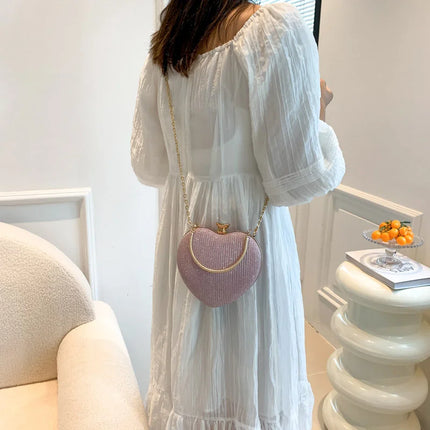 Shiny Heart Shape Metal Evening Clutch Bag for Women | Fashion Chain Shoulder Crossbody Bag (Luxury Lady Purse)