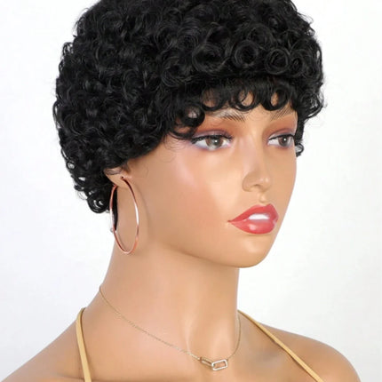 Cut Short Curly Wigs for Women | Glueless Synthetic Full Wigs with Bangs (Daily Wear & Go, Heat Resistant, Black Color for Beginners)