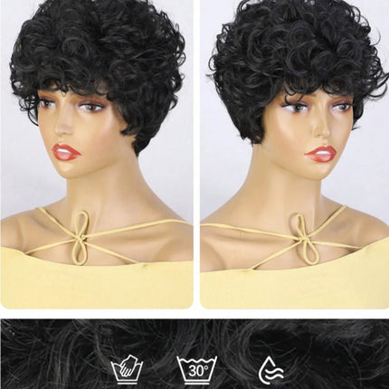Cut Short Curly Wigs for Women | Glueless Synthetic Full Wigs with Bangs (Daily Wear & Go, Heat Resistant, Black Color for Beginners)