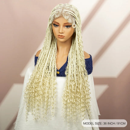 Boho Box Braided Wig with Curly Hair | Goddess Locs Accents | Full Lace Brown Braids Wig | Bohemian Box Braid Wig