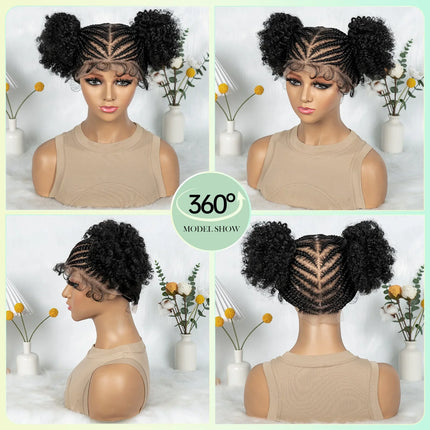 HD Full Lace Cornrow & Box Braid Wig with Double Buns | Transparent Lace Synthetic Hair for Black Women & Girls