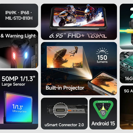 Ulefone Armor 34 Pro 5G AI Rugged Phone 25500mAh Up to 32GB+512GB Built-in Projector 120Hz 6.95" NFC Smartphone
