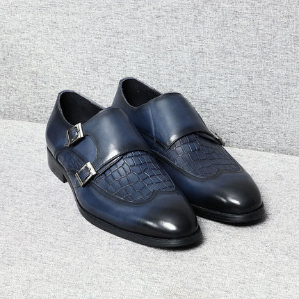 Elegant Men's Genuine Leather Monk Strap Shoes | Stone Pattern Print Double Buckle & Cap Toe (Business, Party, Social)