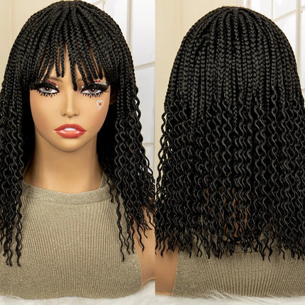Short 14" Bob Braided Wig | Curly Knotless Box Braids | Synthetic Machine Made Wig | For Black Women