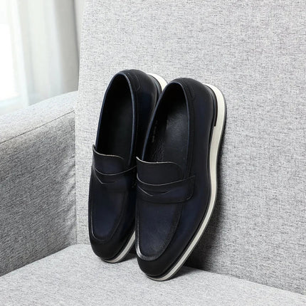 Classy Men's Genuine Cow Leather Penny Loafers | Blue & Black Casual Business Flats (Breathable)