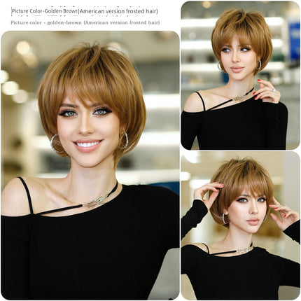 European & American Short Platinum Highlight Black Wig | Full Head Cover Artificial Human Hair Wig for Women (Natural Hairstyle with Oblique Bangs)