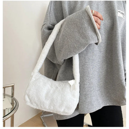 Simple Design Women's Soft Plush Hobo Shoulder Bag | Winter Furry Ladies Clutch Purse & Handbag (Fashion Female Underarm Bag)