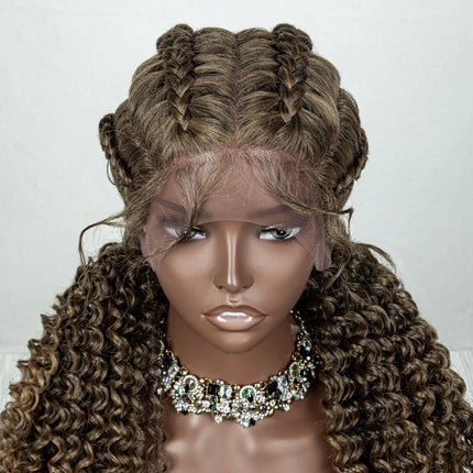 22" Box Braids Full Lace Wig | Two Curly Ponytails | Baby Hair | Synthetic Braided Wig