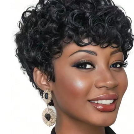 Cut Short Curly Wigs for Women | Glueless Synthetic Full Wigs with Bangs (Daily Wear & Go, Heat Resistant, Black Color for Beginners)