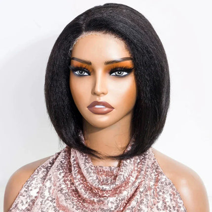Short Kinky Straight Bob Wig | Glueless Human Hair C Lace with Natural Hairline
