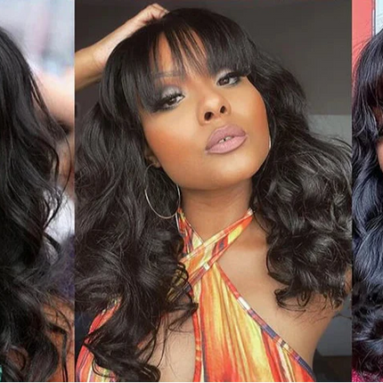 Natural Color 24" Body Wave Wig with Bangs | 180% Density Remy Human Hair Middle Part Lace