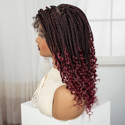 Knotless Box Boho Braided Wig with Curly Ends | Short Bob Style | Full Lace Synthetic Wig for Black Women