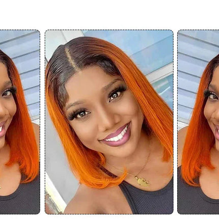 180% Density Dark Root Ginger Ombre Straight Bob Wig | Transparent T-Part Lace Front Human Hair