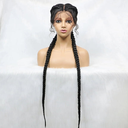 Handmade Double Dutch Cornrow Braided Wig | Natural Black Lace Front | Baby Hair | Kanekalon Synthetic Wig for Women