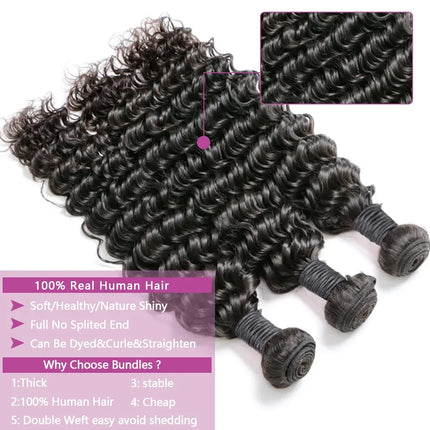 Queenlike 24 26 28 Inch Deep Wave Human Hair Bundles | Brazilian Remy Hair Extensions | Deep Curly Weave