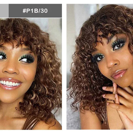 Highlight Honey Blonde Jerry Curly Pixie Bob Wig with Bangs | Full Machine Made Human Hair