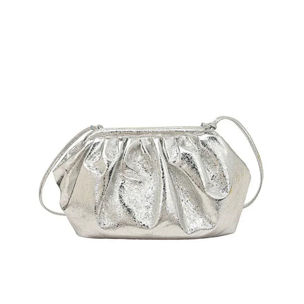 Small Luxury Design Women's Leather Silver Cloud Bag | Gold Crossbody & Ladies Party Clutch Purse (Sequined, Ruched Handbag)