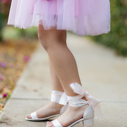Satin Girls Block Heel Sandal with Wrapped Ribbon Tie