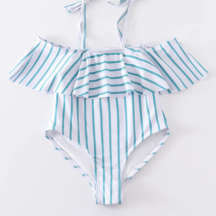 Blue stripe strap girl swimsuit one piece