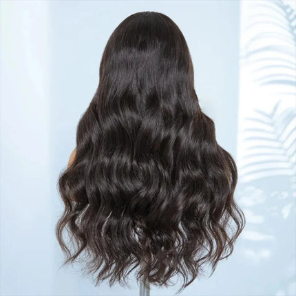 Natural Color 24" Body Wave Wig with Bangs | 180% Density Remy Human Hair Middle Part Lace