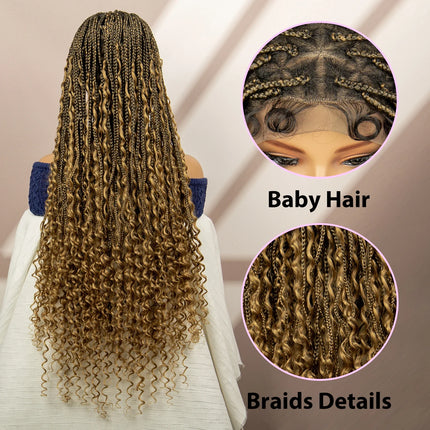 Boho Box Braided Wig with Curly Hair | Goddess Locs Accents | Full Lace Brown Braids Wig | Bohemian Box Braid Wig