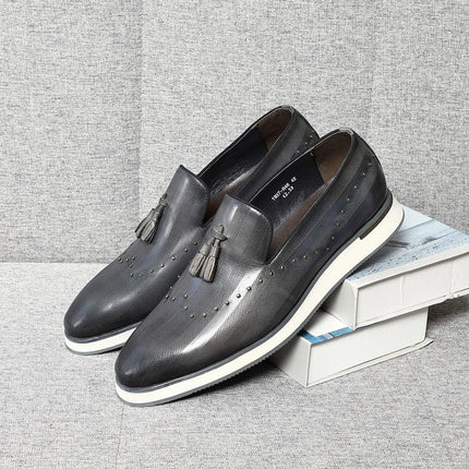 Top Grade Luxury Men's Genuine Leather Loafers | Original Stripe Rivets & Tassel Casual Flat Shoes