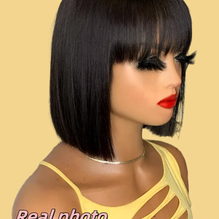 Peruvian Straight Bob Wig with Bangs | Full Machine Made Human Hair Wig | Natural Color