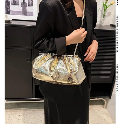 Small Luxury Design Women's Leather Silver Cloud Bag | Gold Crossbody & Ladies Party Clutch Purse (Sequined, Ruched Handbag)