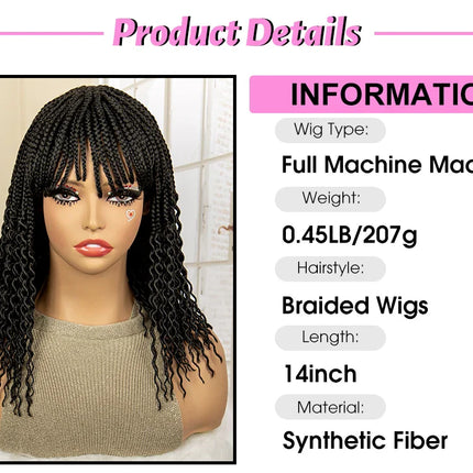 Short 14" Bob Braided Wig | Curly Knotless Box Braids | Synthetic Machine Made Wig | For Black Women