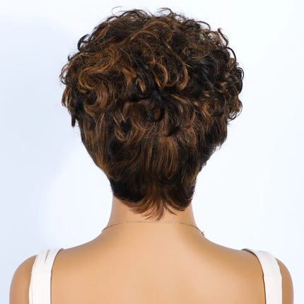 Rebecca P1B/30 Brown Pixie Cut Wig | Curly Side Part Brazilian Human Hair