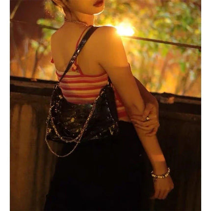 Gothic Dark Punk Underarm Bag | Skull Shoulder Bag & Y2K Chain Crocodile Pattern Crossbody Bag (Korean Popular Aesthetic Handbags)