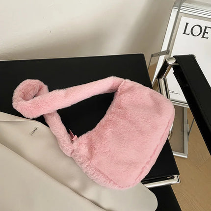 Simple Design Women's Soft Plush Hobo Shoulder Bag | Winter Furry Ladies Clutch Purse & Handbag (Fashion Female Underarm Bag)