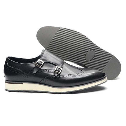 Luxury Men's Double Buckle Monk Strap Flats | Genuine Leather Casual Walk Shoes (Dark Brown, Black)