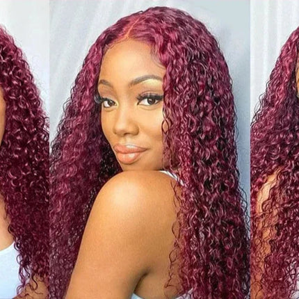 30" Curly Burgundy & Chocolate Brown 13x6 HD Lace Frontal Wig | 99J Colored Human Hair Wig for Women | Deep Wave