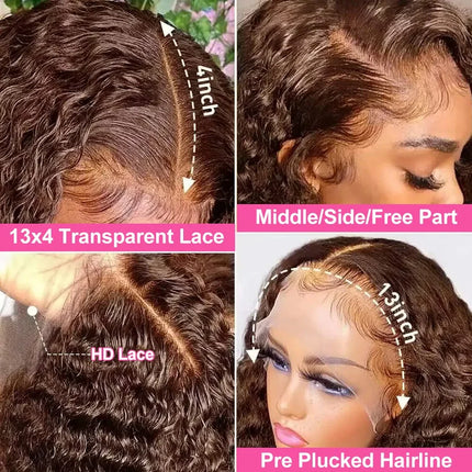 Chocolate Brown Deep Wave Frontal Wig | 13x4 HD Transparent Curly Lace Front Human Hair Wig (Bleached, Brazilian Brown Colored)