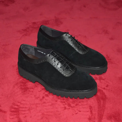 Designer Luxury Platform Oxfords for Men | Cow Suede Genuine Leather Black & Blue Casual Shoe (Height Increasing)