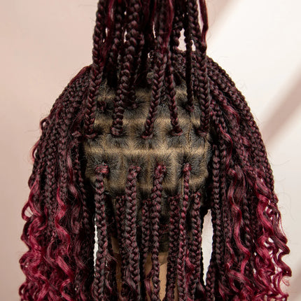 Burgundy Knotless Box Braids Wig with Curly Ends | Full Lace
