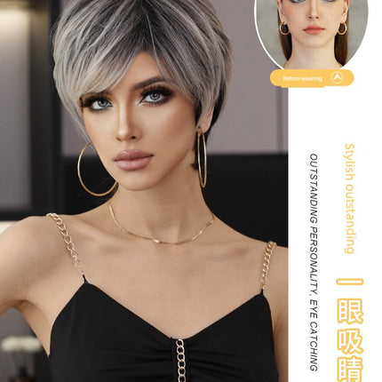 European & American Short Platinum Highlight Black Wig | Full Head Cover Artificial Human Hair Wig for Women (Natural Hairstyle with Oblique Bangs)