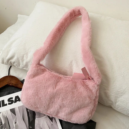 Simple Design Women's Soft Plush Hobo Shoulder Bag | Winter Furry Ladies Clutch Purse & Handbag (Fashion Female Underarm Bag)