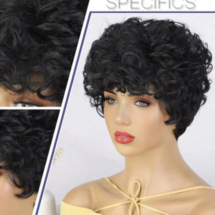 Cut Short Curly Wigs for Women | Glueless Synthetic Full Wigs with Bangs (Daily Wear & Go, Heat Resistant, Black Color for Beginners)
