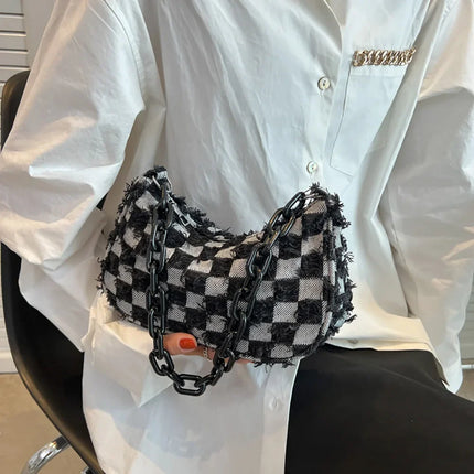 Vintage Women's Casual Shoulder & Underarm Bag | Plaid Pattern Denim Small Purse (Ladies Chain Leisure Handbag, Hobo Style)
