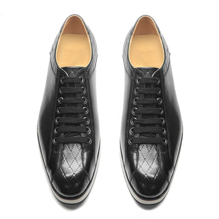 Europe 2024 Fall Luxury Men's Genuine Leather Plaid Casual Shoes | Black & Dark Brown Business Sneakers (Height Increasing)