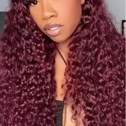 30" Curly Burgundy & Chocolate Brown 13x6 HD Lace Frontal Wig | 99J Colored Human Hair Wig for Women | Deep Wave