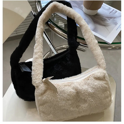 Simple Design Women's Soft Plush Hobo Shoulder Bag | Winter Furry Ladies Clutch Purse & Handbag (Fashion Female Underarm Bag)