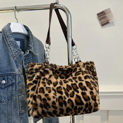 National Style Simple Women's Leopard Tote Bag | Lady Luxury Fluffy Shoulder Bag & Chain Large Capacity Commuter Handle Bag
