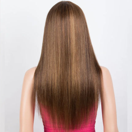 Blonde Highlight Straight Wig with Bangs | 180% Density Glueless Full Machine Made Brazilian Ombre Human Hair