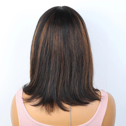 Ombre #4/27 Straight Bob Wig with Bangs | Human Hair Lace Top & Realistic Scalp
