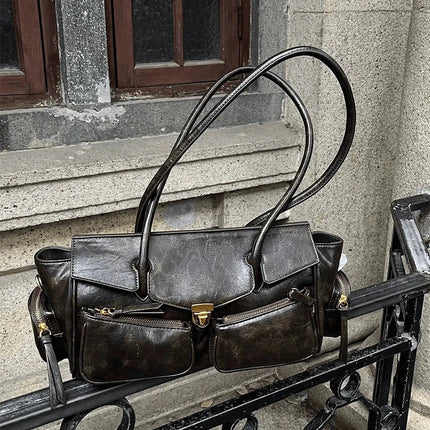 Vintage Underarm Bag for Women | Soft Split Leather Multi-Pocket Shoulder Handbag (Luxury Designer, Half Moon Shape)